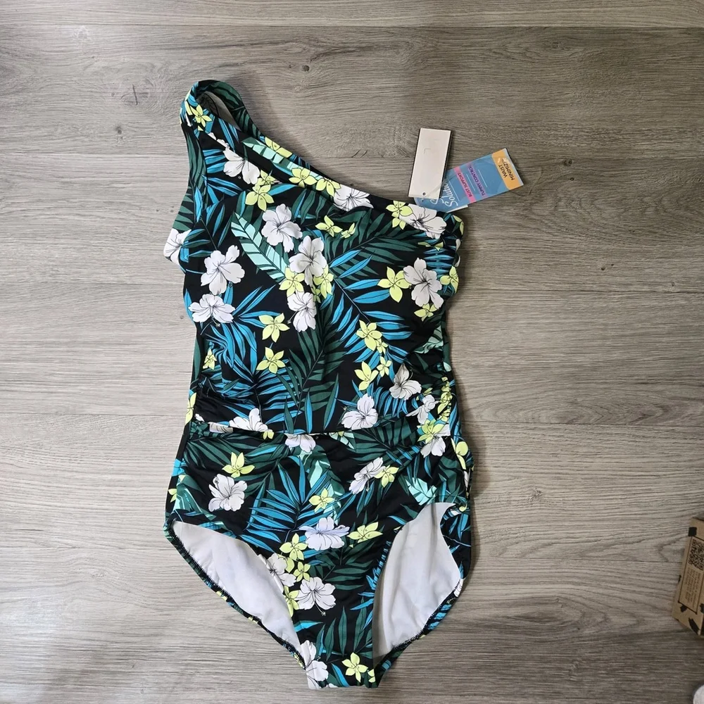 Swim Solutions One Shoulder Floral One Piece Swimsuit Tummy Control Size 10 NWT - Picture 3 of 9